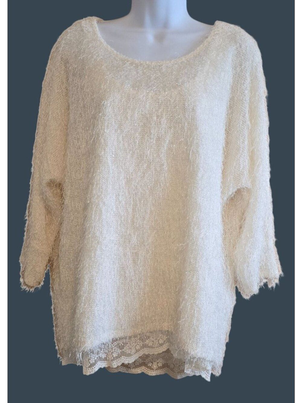 Cream Textured Pullover Sweater Lace Hem lagenlook fairycore princess old money